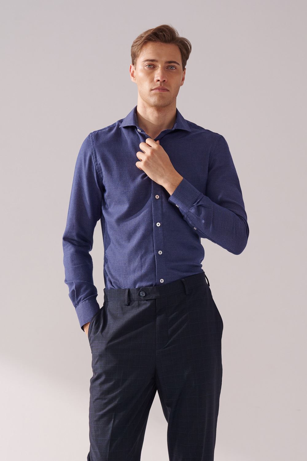 SST&C Dark Blue and White Textured Slim Fit Shirt | 00062410010_3