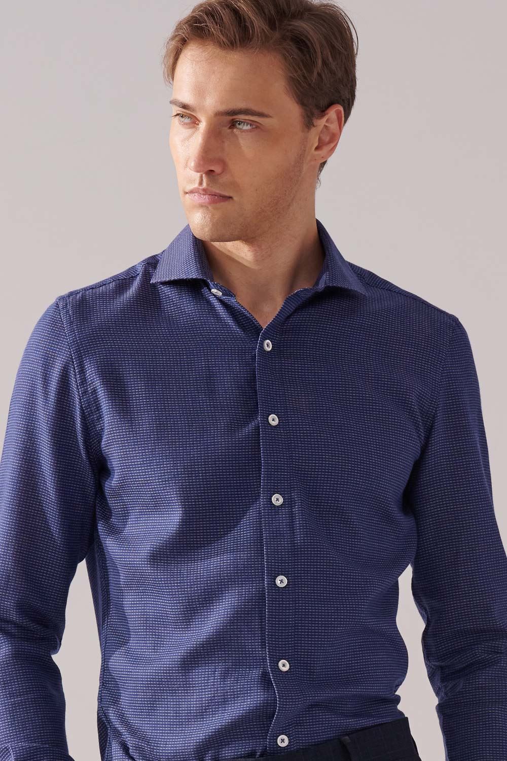 SST&C Dark Blue and White Textured Slim Fit Shirt | 00062410010_4
