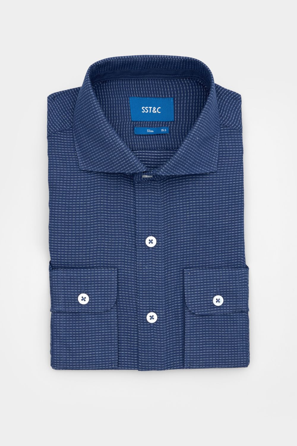 SST&C Dark Blue and White Textured Slim Fit Shirt | 00062410010_6