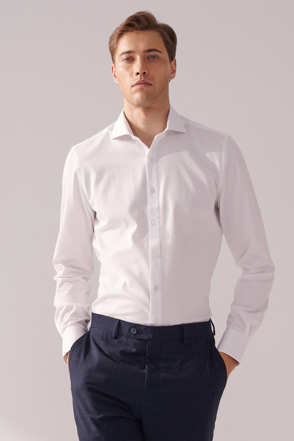 SST&C White Textured Slim-Fit Shirt | 00062410013_0
