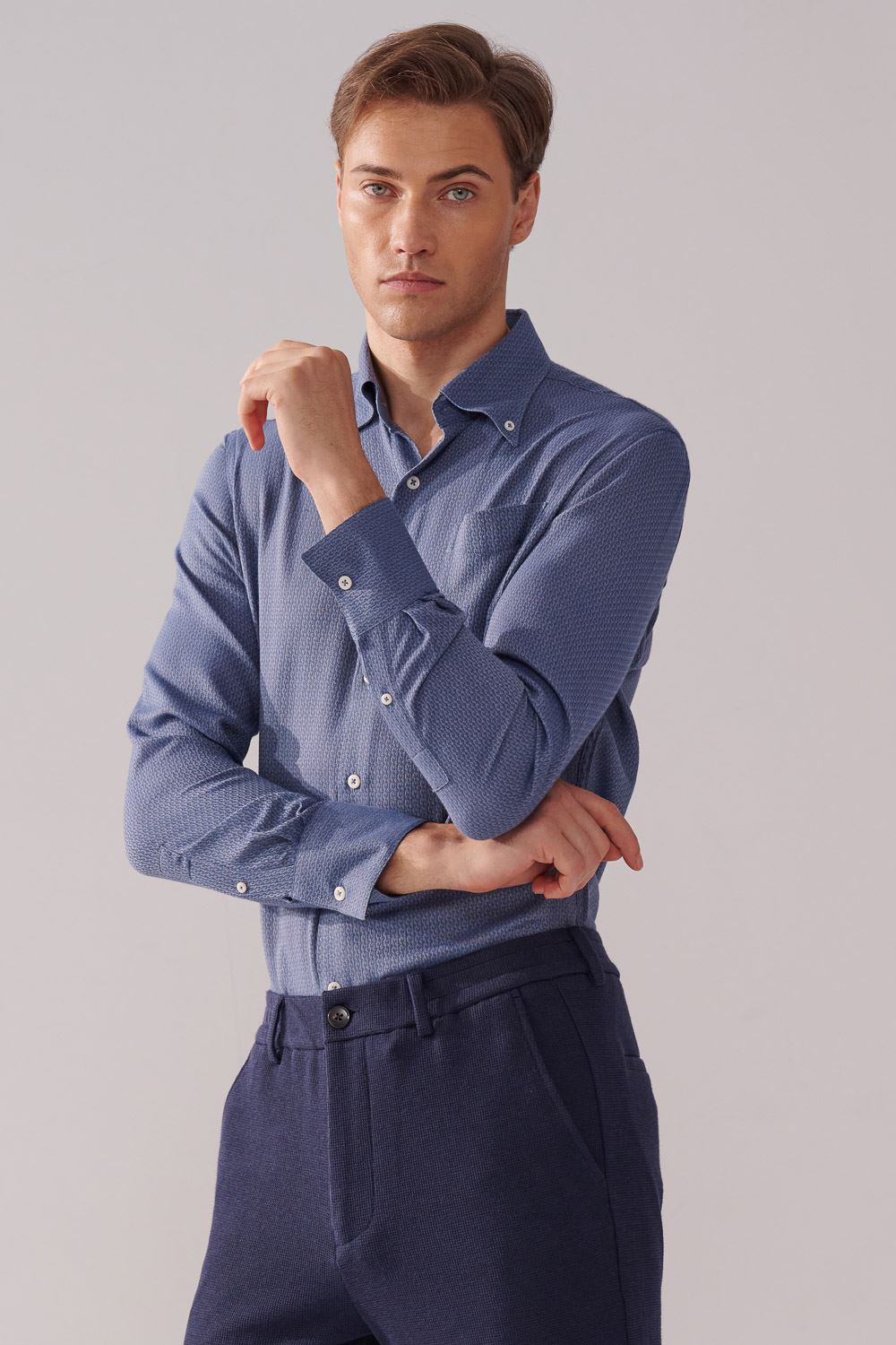SST&C Blue Textured Standard Fit Shirt | 00062410022_0