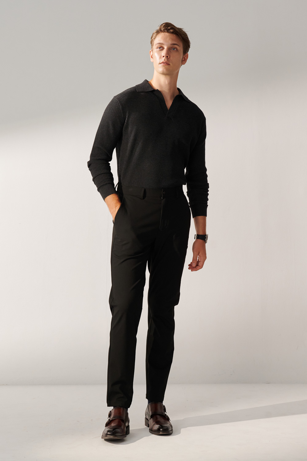 SST&C Black Slim Fit Four-Way Stretch Casual Trousers | 00162410001_0