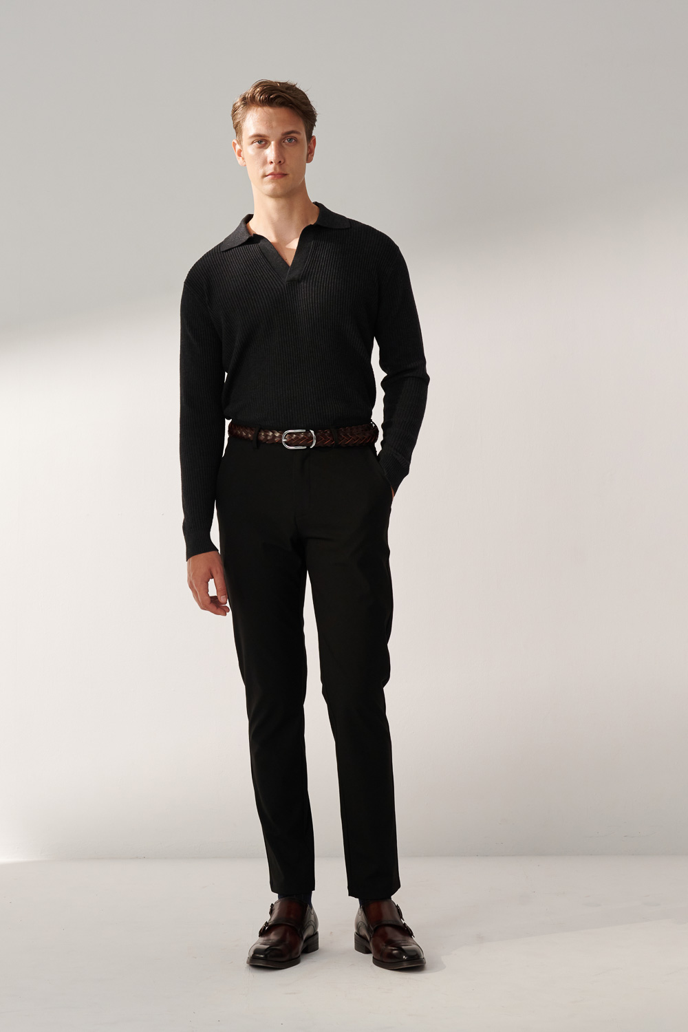 SST&C Black Slim Fit Four-Way Stretch Casual Trousers | 00162410001_1