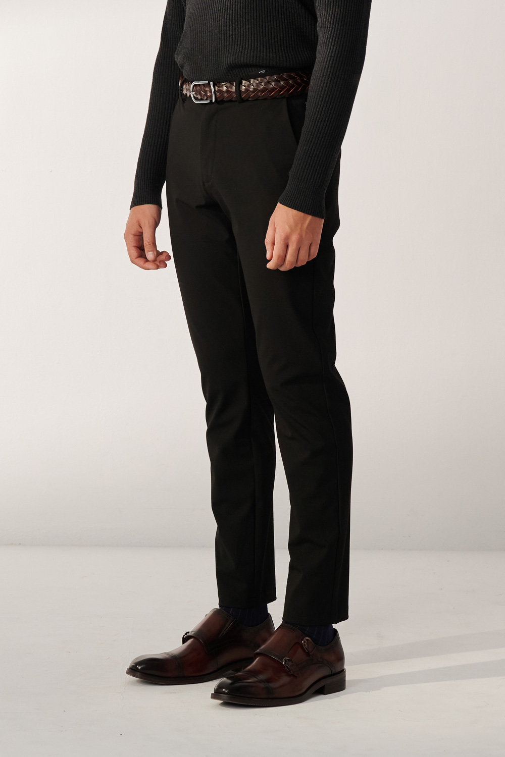 SST&C Black Slim Fit Four-Way Stretch Casual Trousers | 00162410001_4