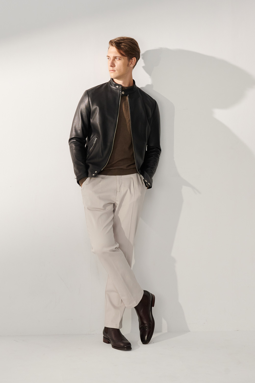 SST&C Light Gray and White Straight-Leg Elastic Casual Trousers | 00162410005_0