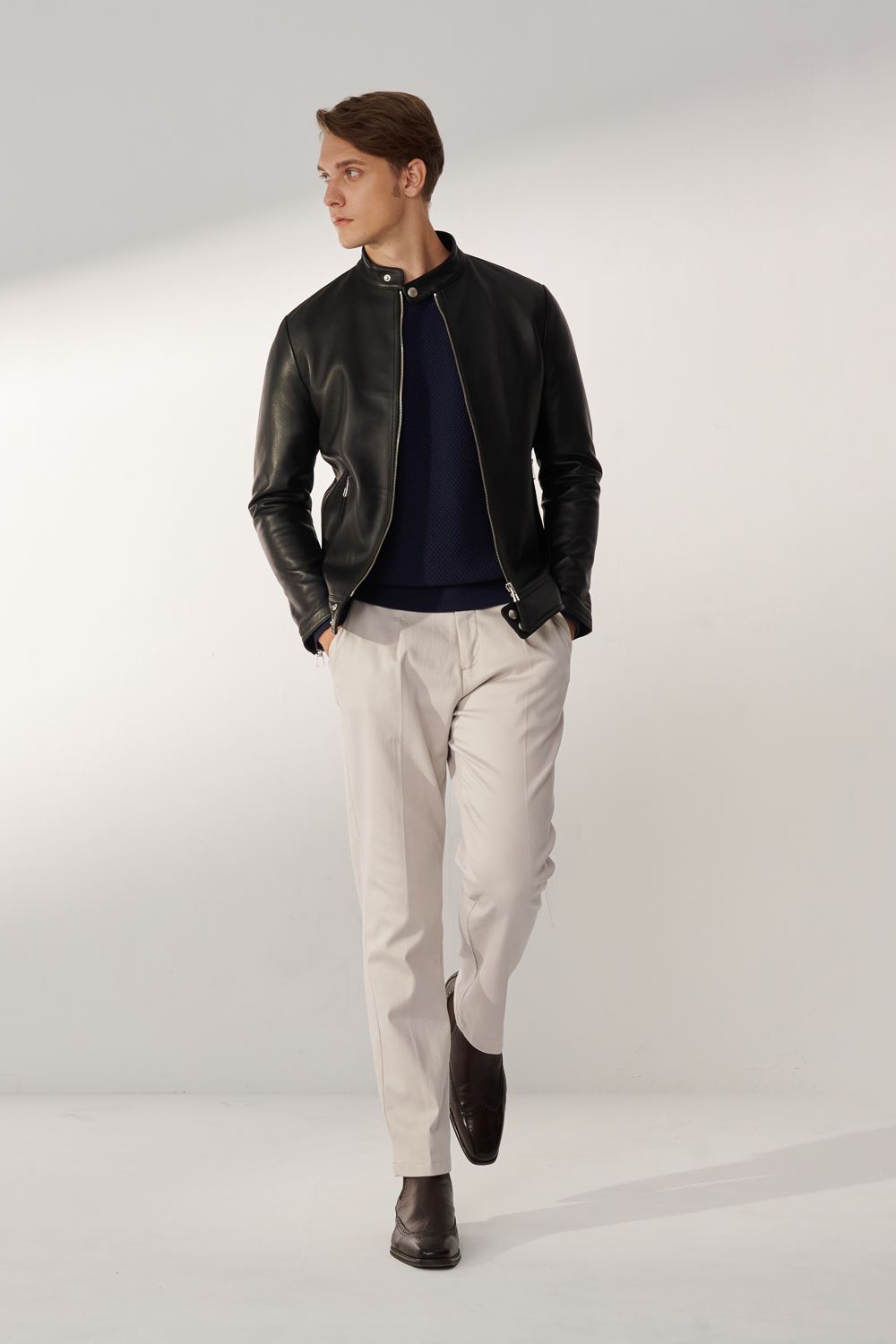 SST&C Light Gray and White Straight-Leg Elastic Casual Trousers | 00162410005_3