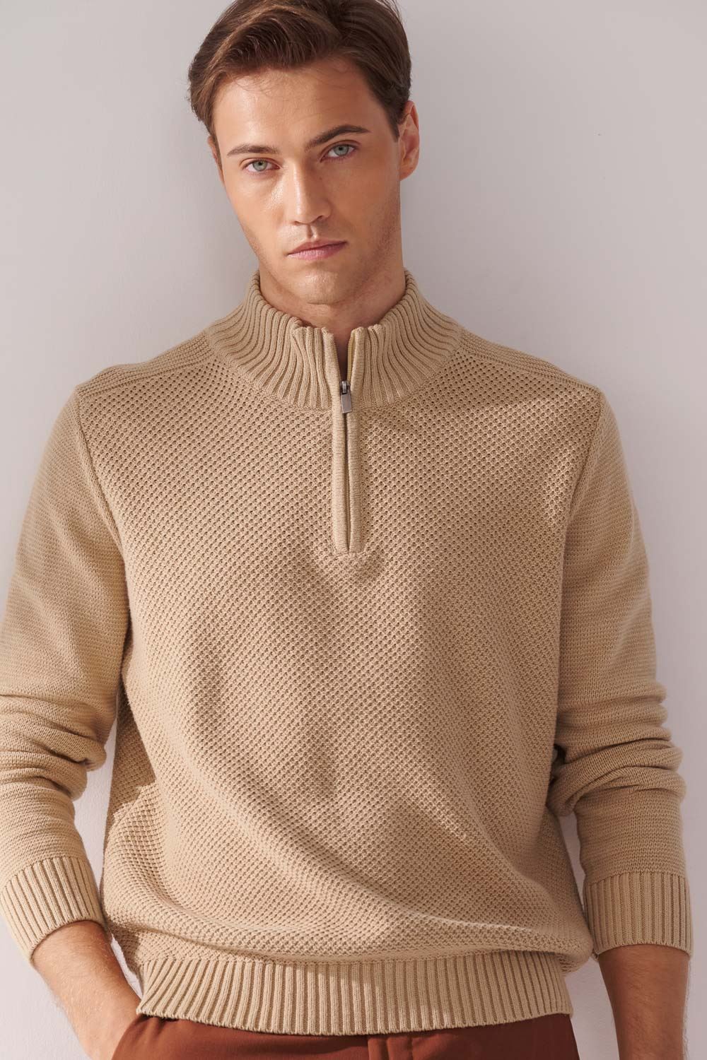 SST&C Light Khaki Half-Zip Knitted Sweater | 00182410004_0
