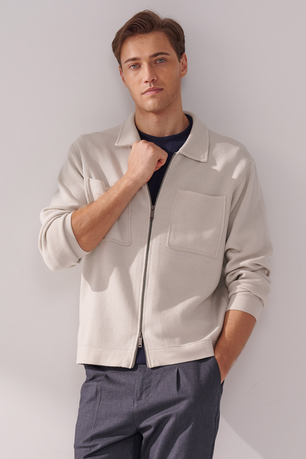 SST&C Cloud Gray Double Pocket Knitted Jacket | 00182410009_1
