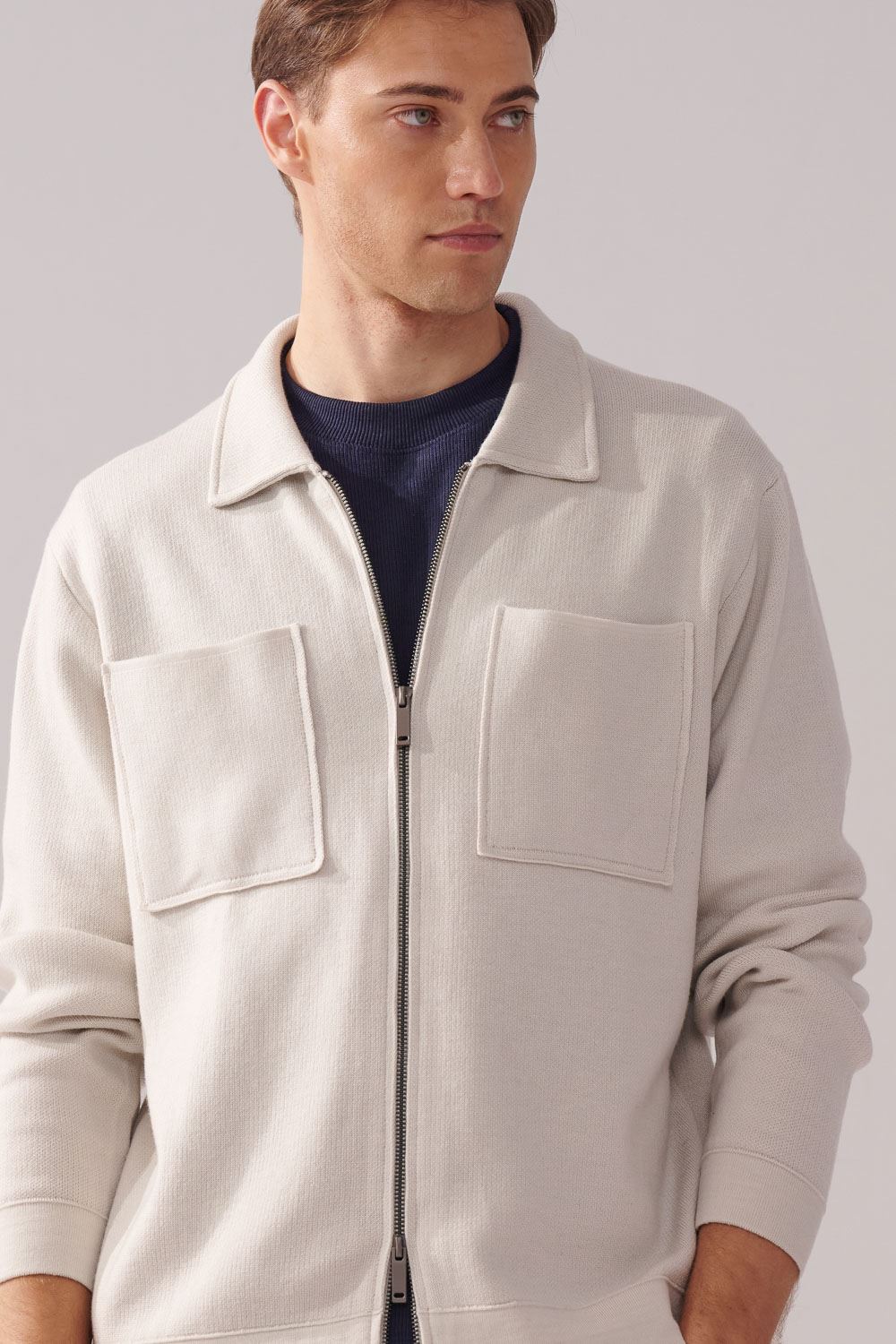 SST&C Cloud Gray Double Pocket Knitted Jacket | 00182410009_2