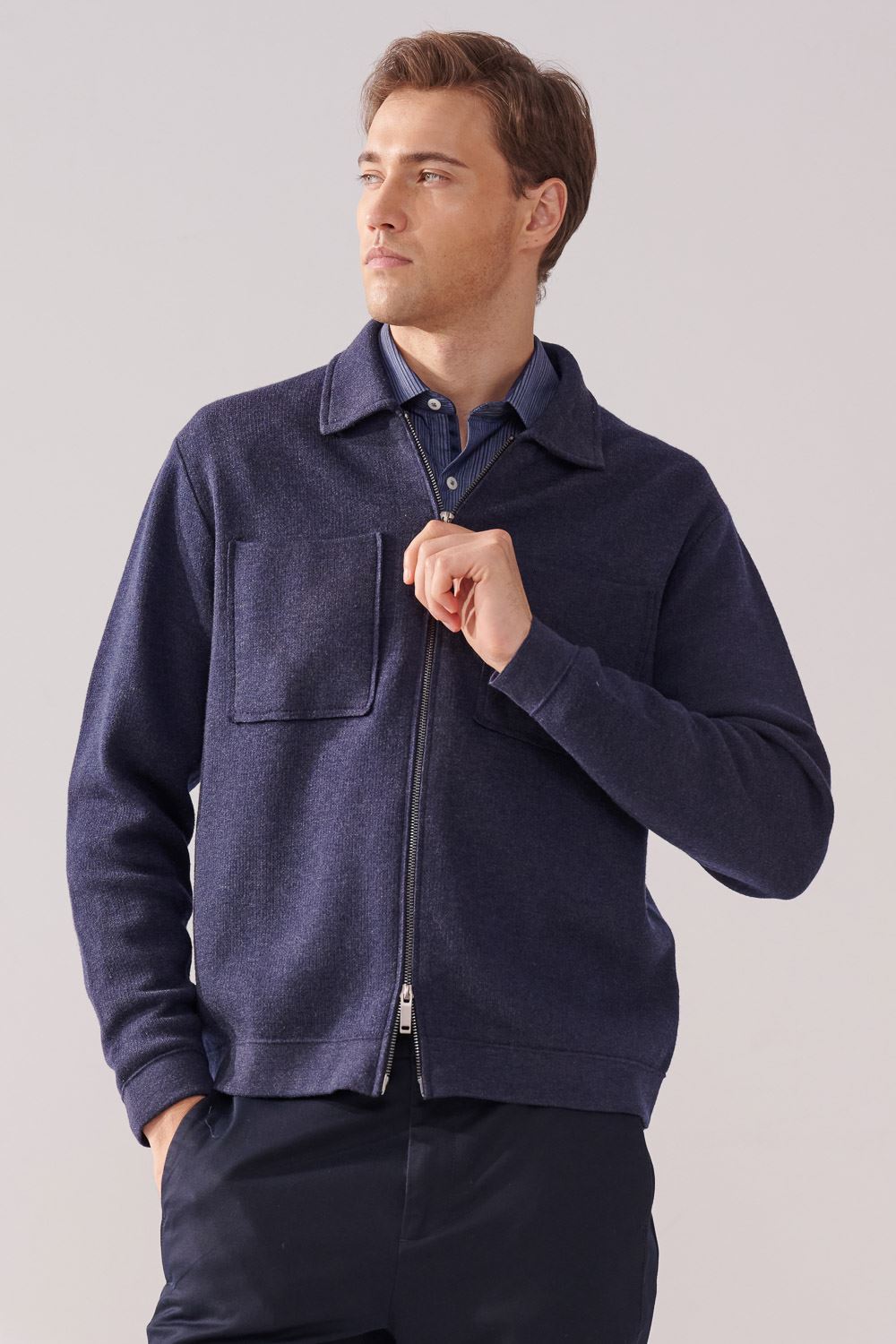 SST&C Navy Double Pocket Knitted Jacket | 00182410010_1