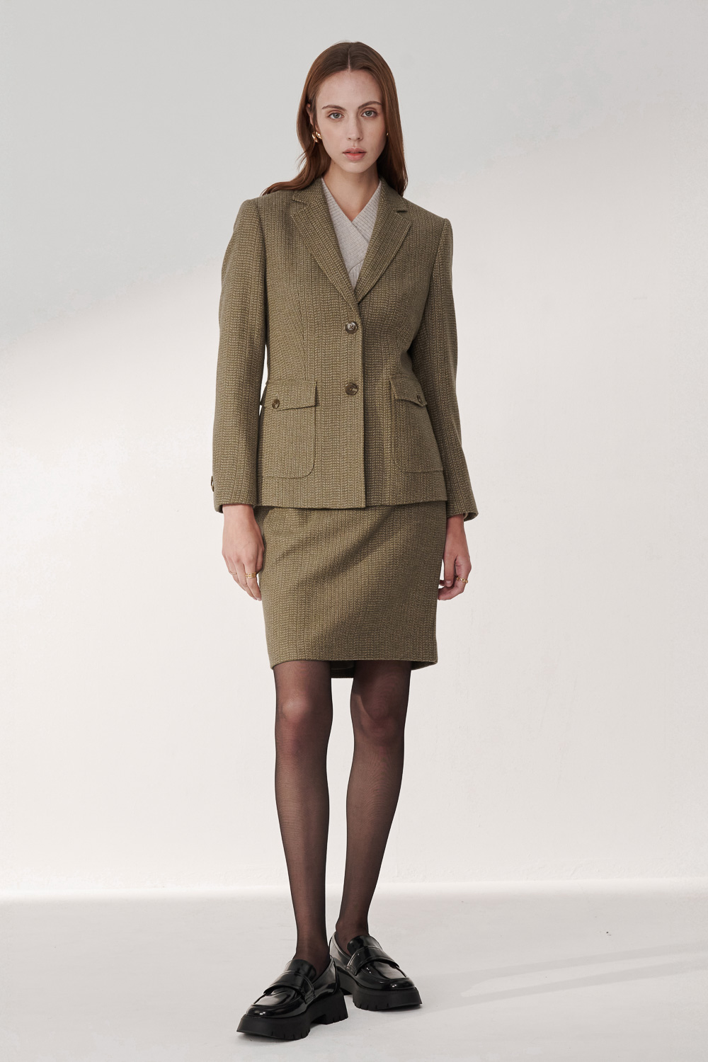 SST&C Olive Green Wool Square Collar Moderate Suit Jacket | 01012410001_3