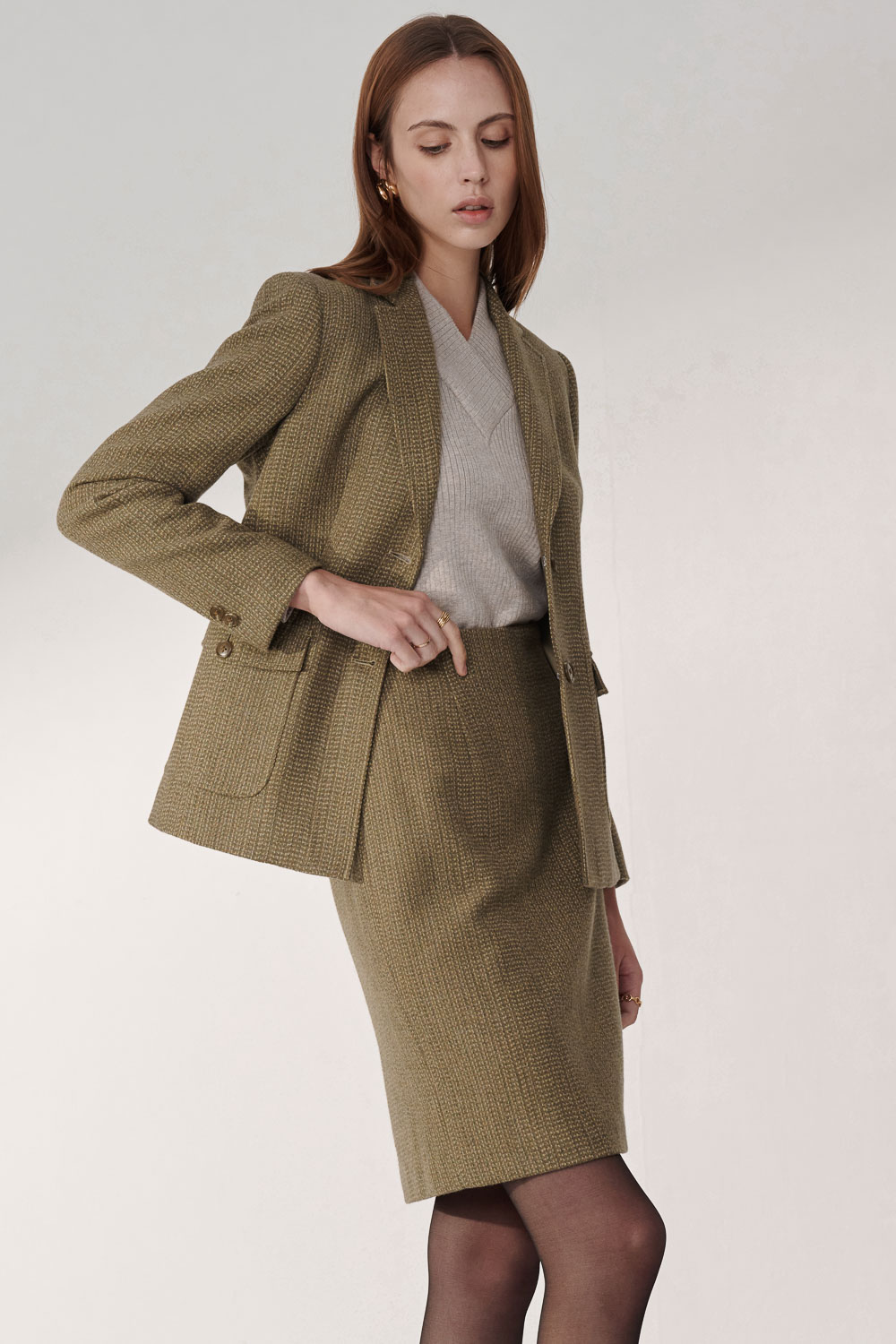 SST&C Olive Green Wool Square Collar Moderate Suit Jacket | 01012410001_4