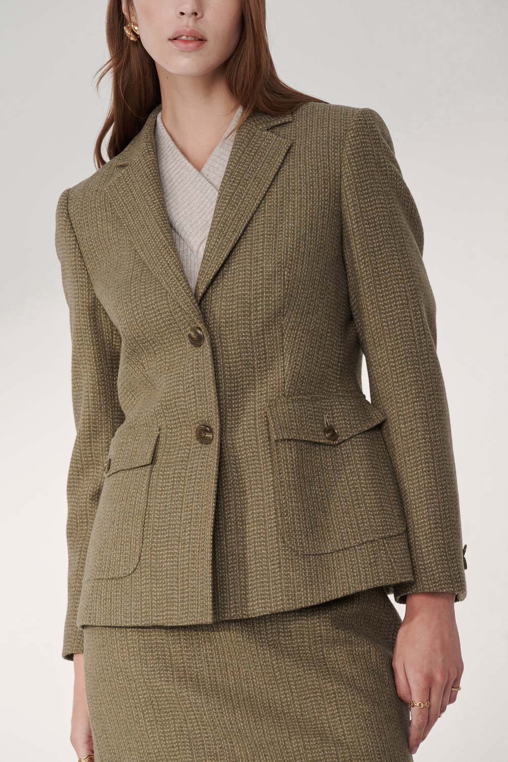 SST&C Olive Green Wool Square Collar Moderate Suit Jacket | 01012410001_5