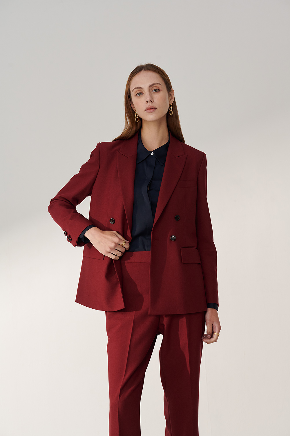 SST&C Burgundy Red Sword Collar Long Suit Jacket | 01012410003_1
