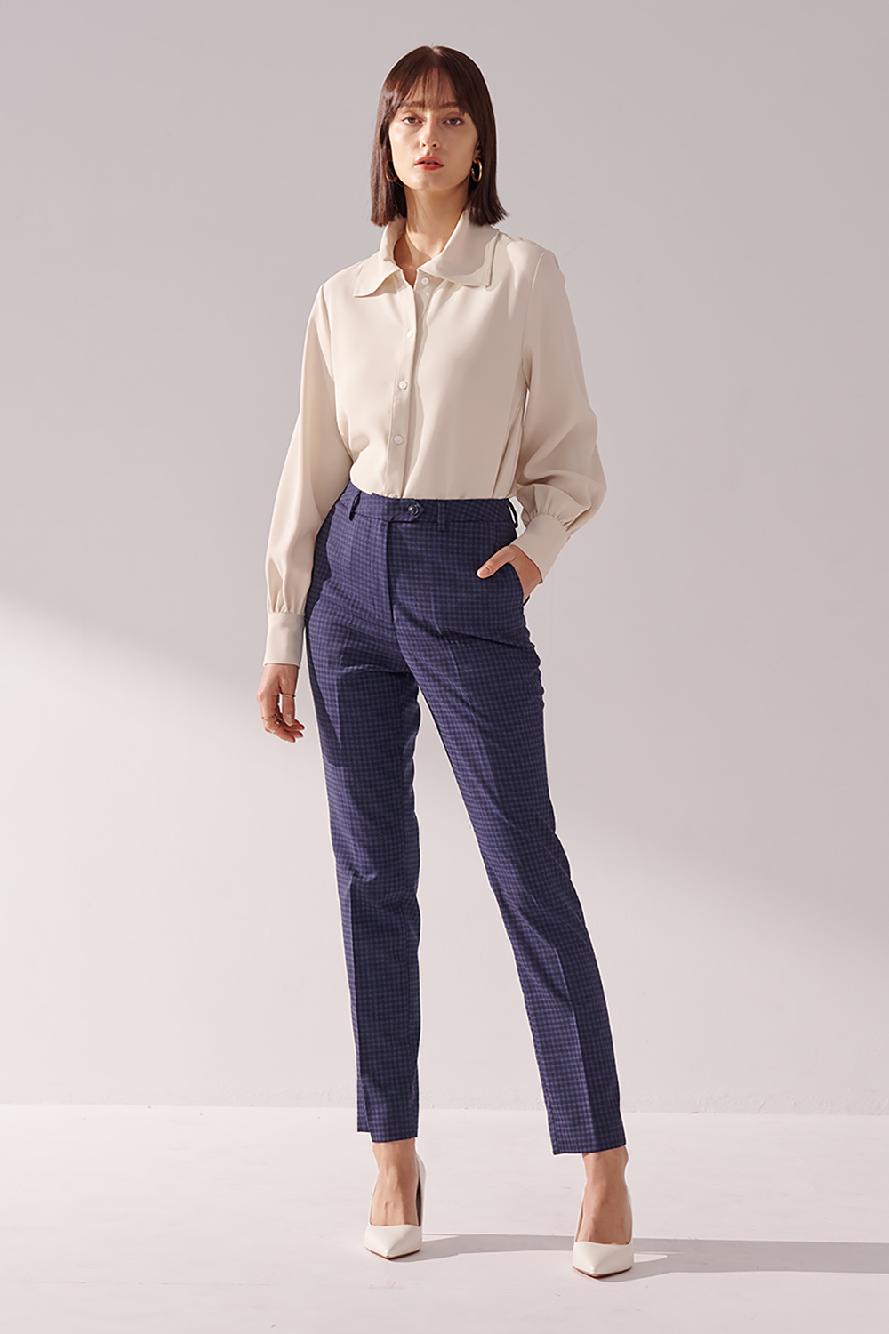 SST&C #Milan Series  Navy Blue Check Pattern Fitted Suit Trousers | 01022410005_0