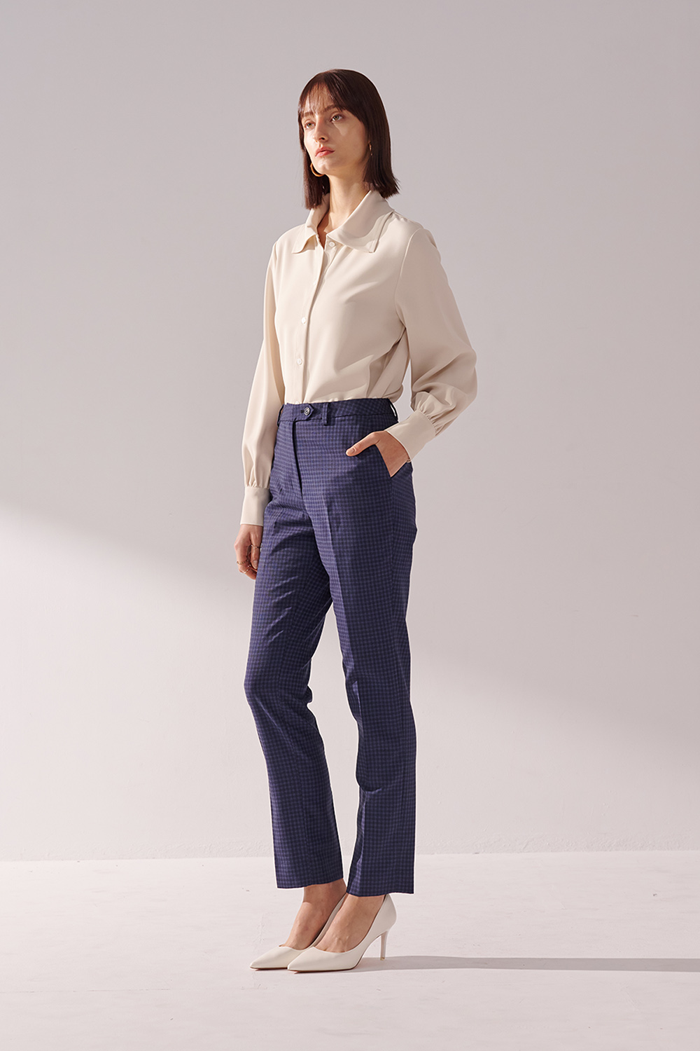 SST&C #Milan Series  Navy Blue Check Pattern Fitted Suit Trousers | 01022410005_1