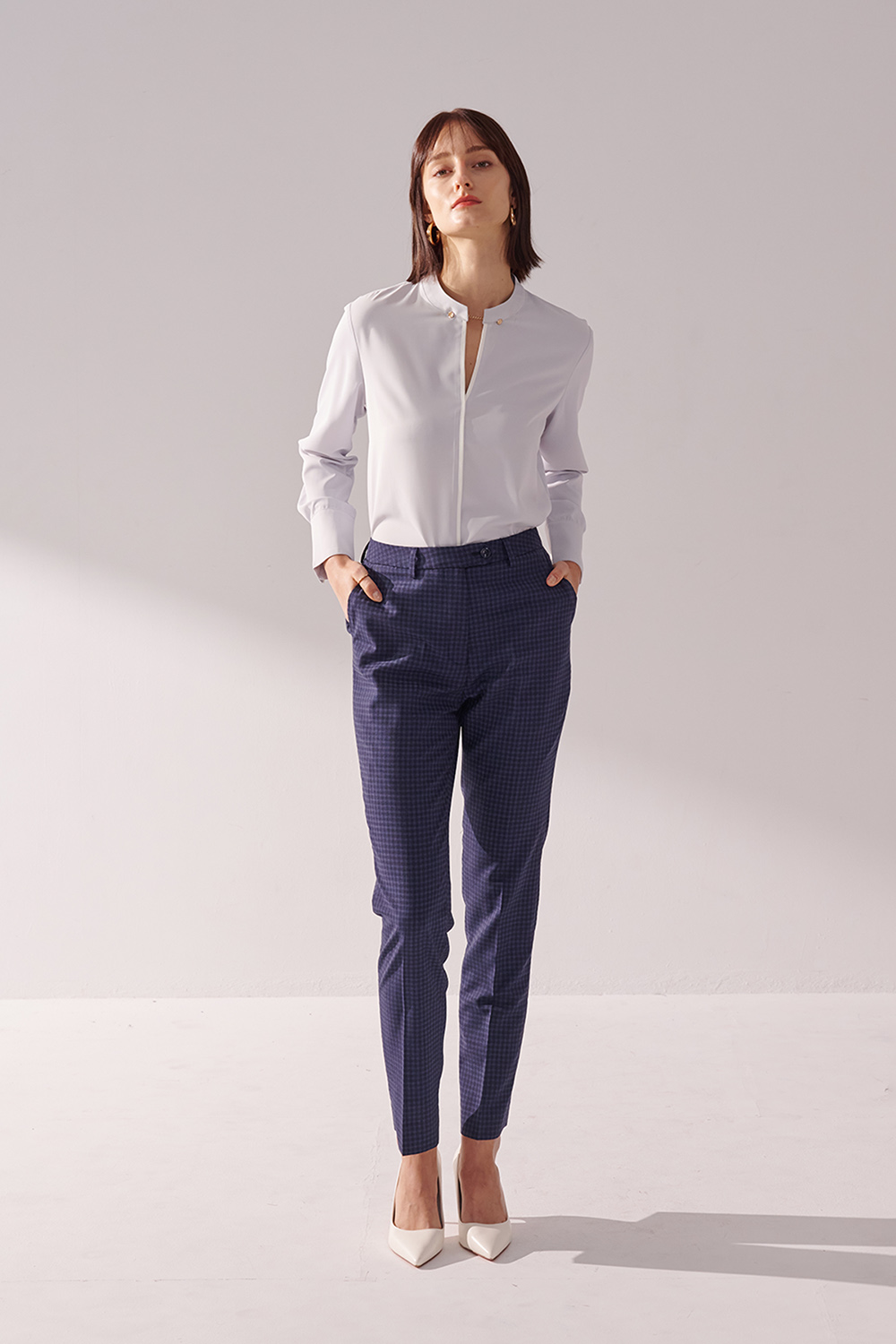 SST&C #Milan Series  Navy Blue Check Pattern Fitted Suit Trousers | 01022410005_2