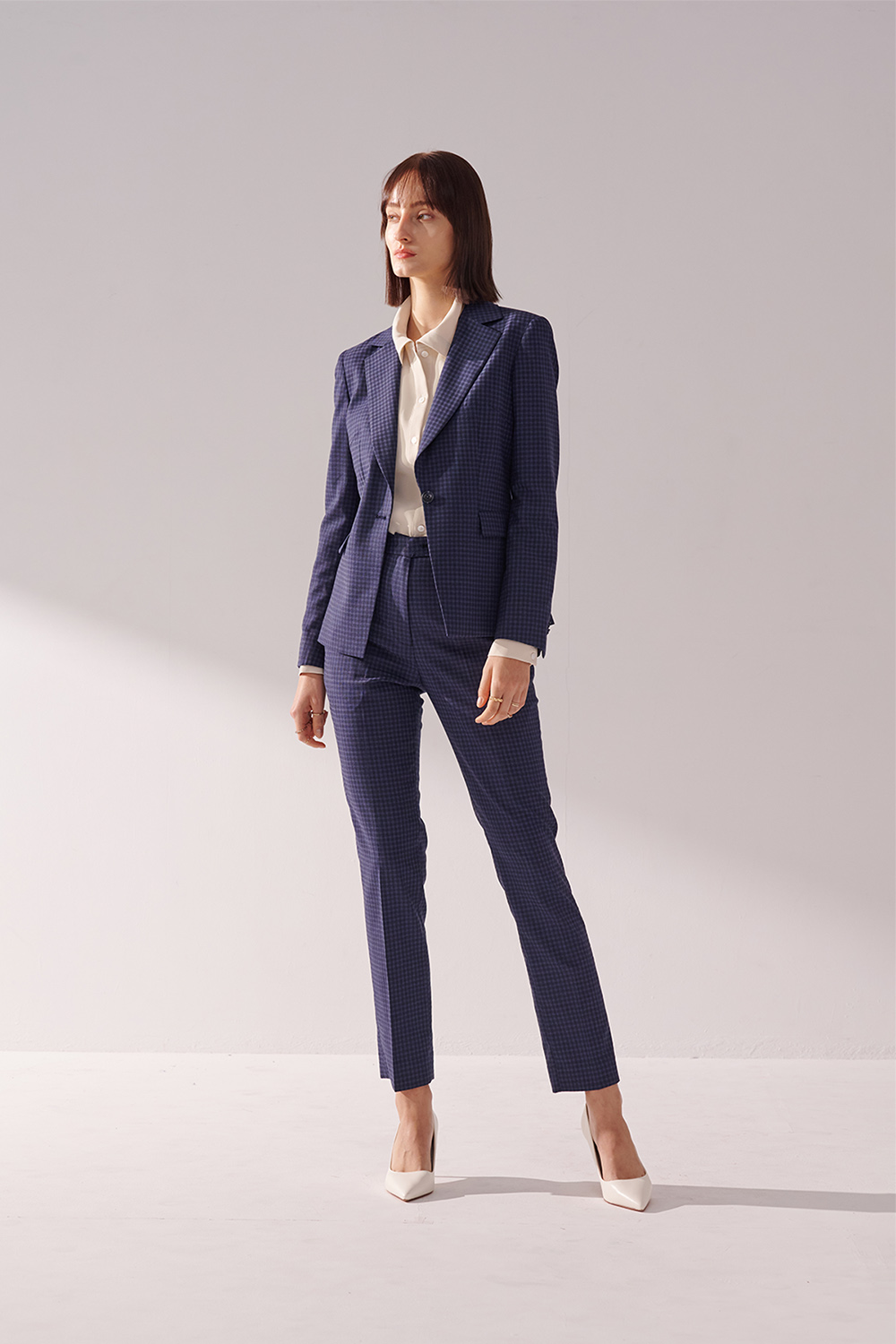 SST&C #Milan Series  Navy Blue Check Pattern Fitted Suit Trousers | 01022410005_3