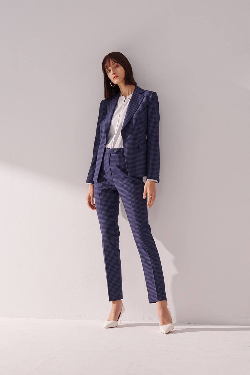 SST&C #Milan Series  Navy Blue Check Pattern Fitted Suit Trousers | 01022410005_4