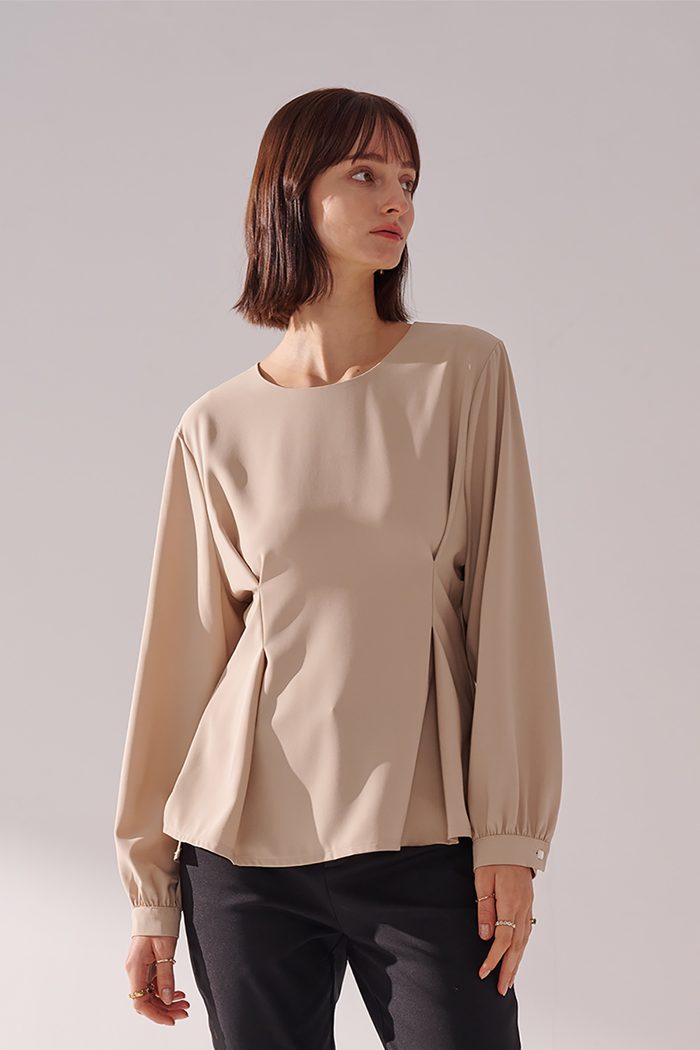 SST&C Light Khaki Round Neck Pleated Pullover | 01082410005_0