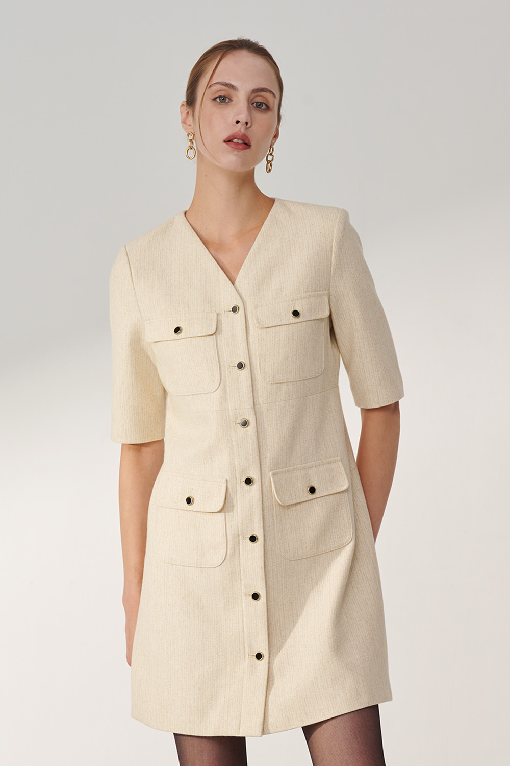 SST&C Beige V-Neck Thin Woolen Dress | 01222410002_0