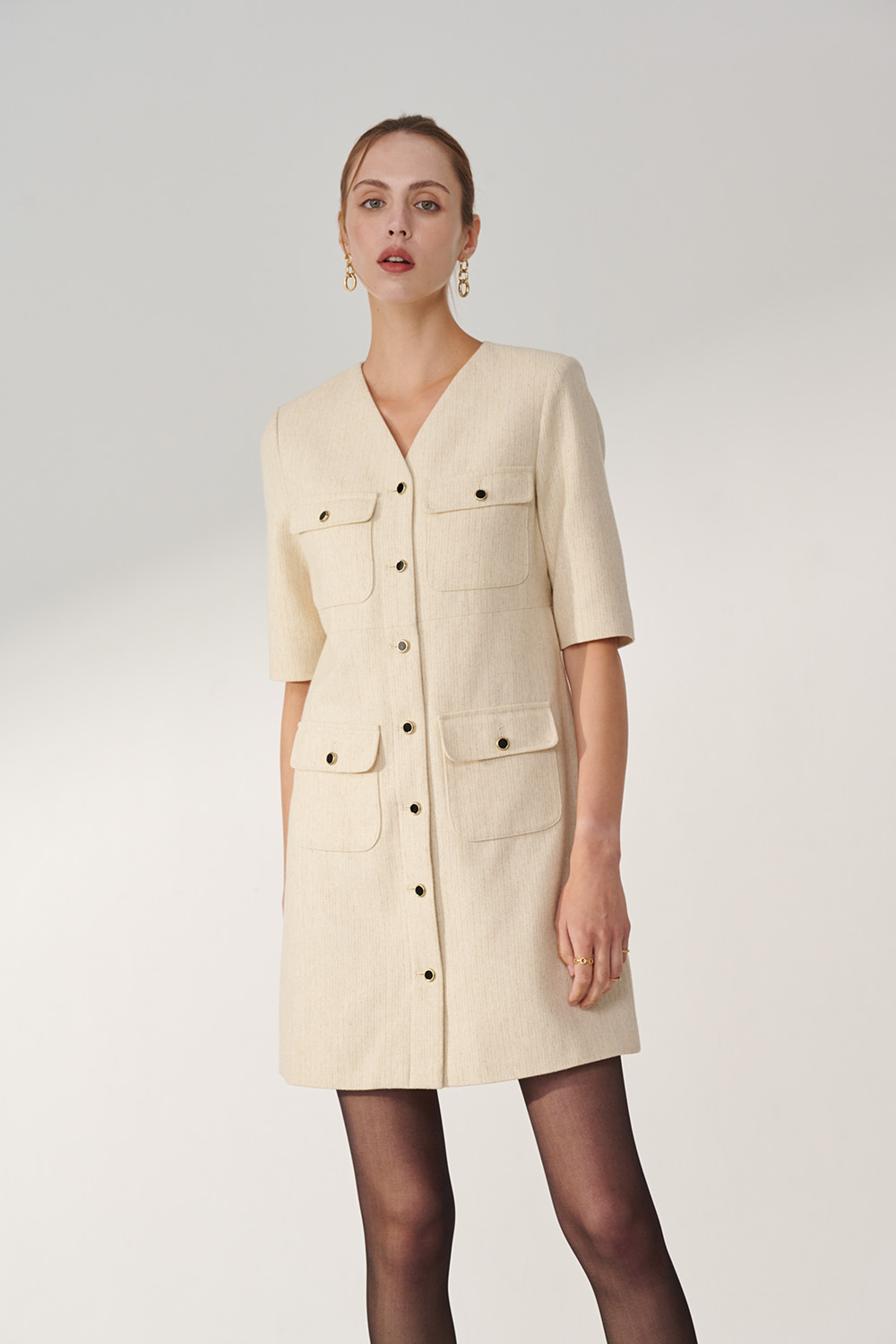 SST&C Beige V-Neck Thin Woolen Dress | 01222410002_1