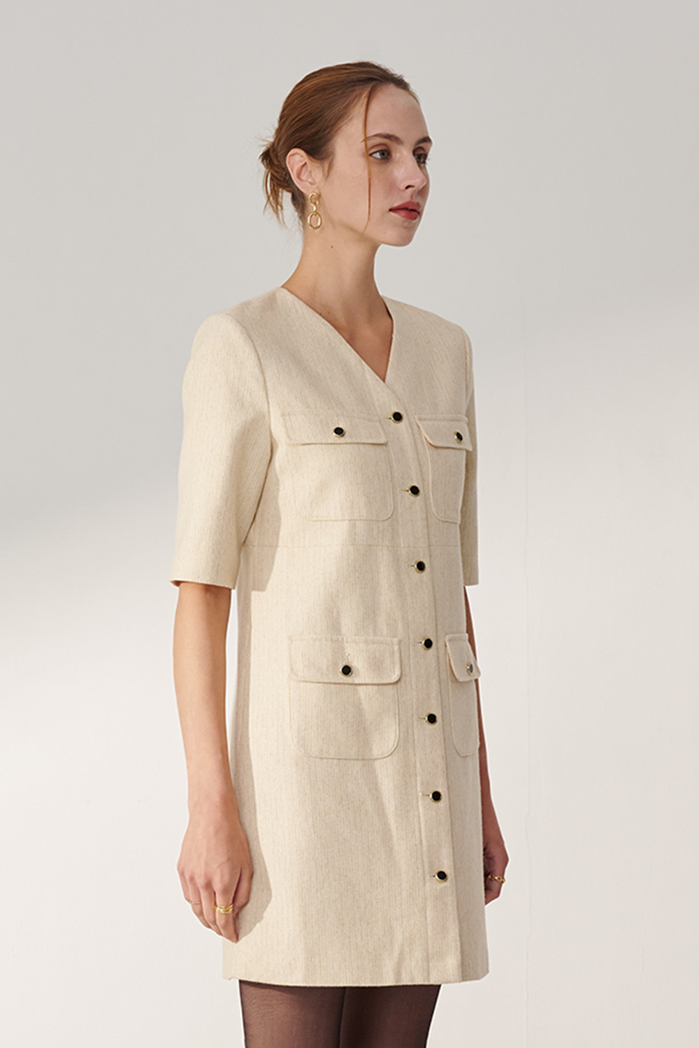 SST&C Beige V-Neck Thin Woolen Dress | 01222410002_2