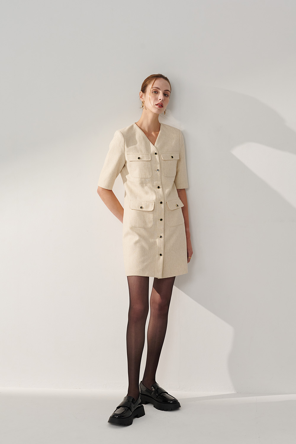 SST&C Beige V-Neck Thin Woolen Dress | 01222410002_3