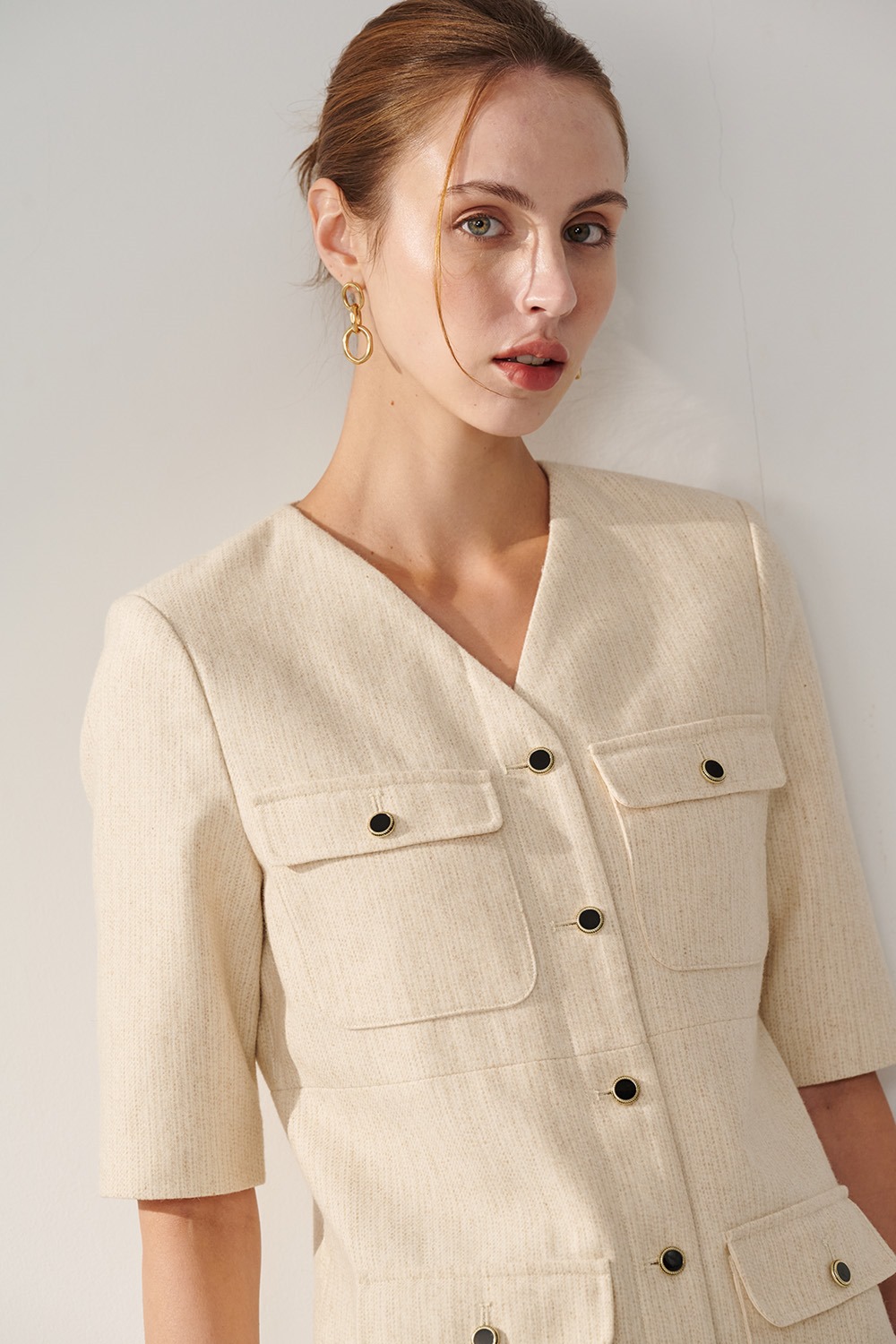 SST&C Beige V-Neck Thin Woolen Dress | 01222410002_4