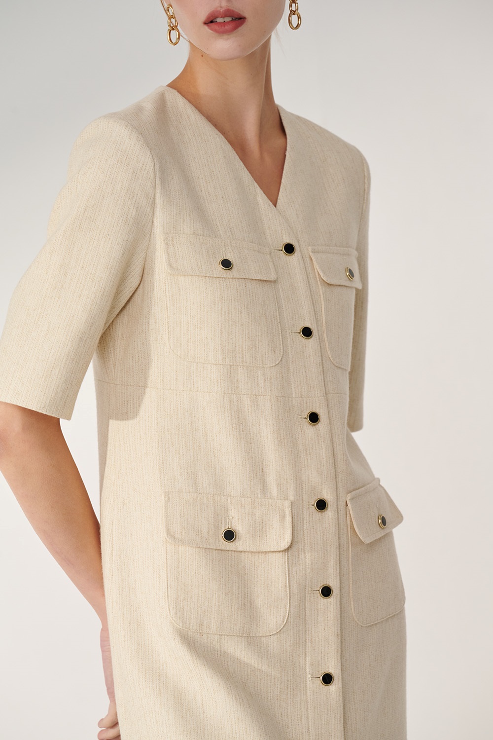 SST&C Beige V-Neck Thin Woolen Dress | 01222410002_5