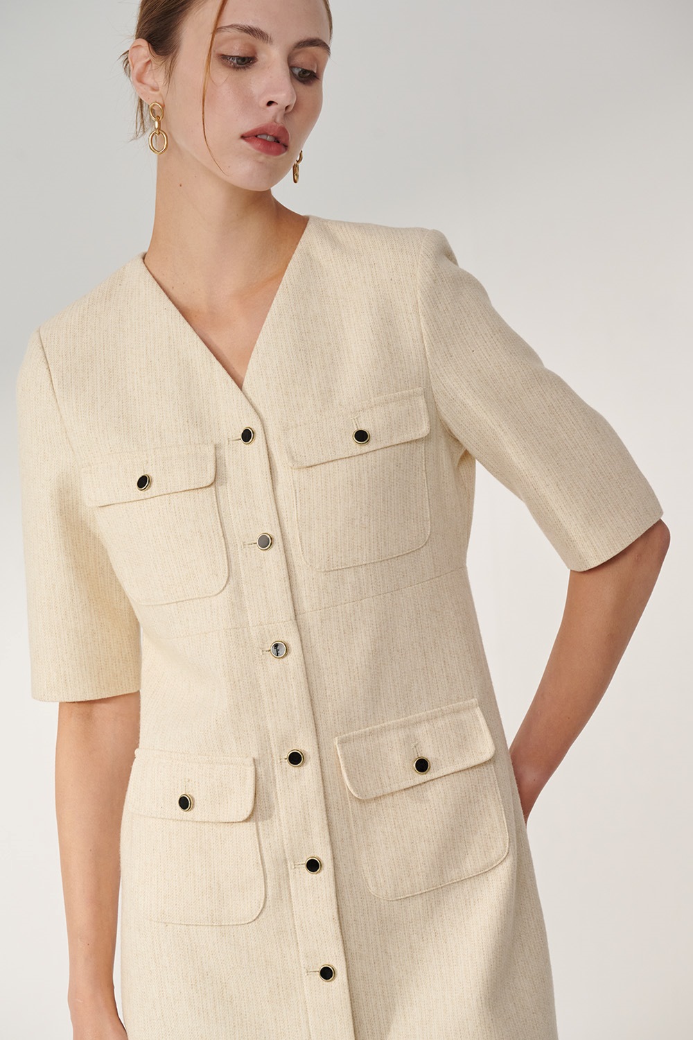 SST&C Beige V-Neck Thin Woolen Dress | 01222410002_6