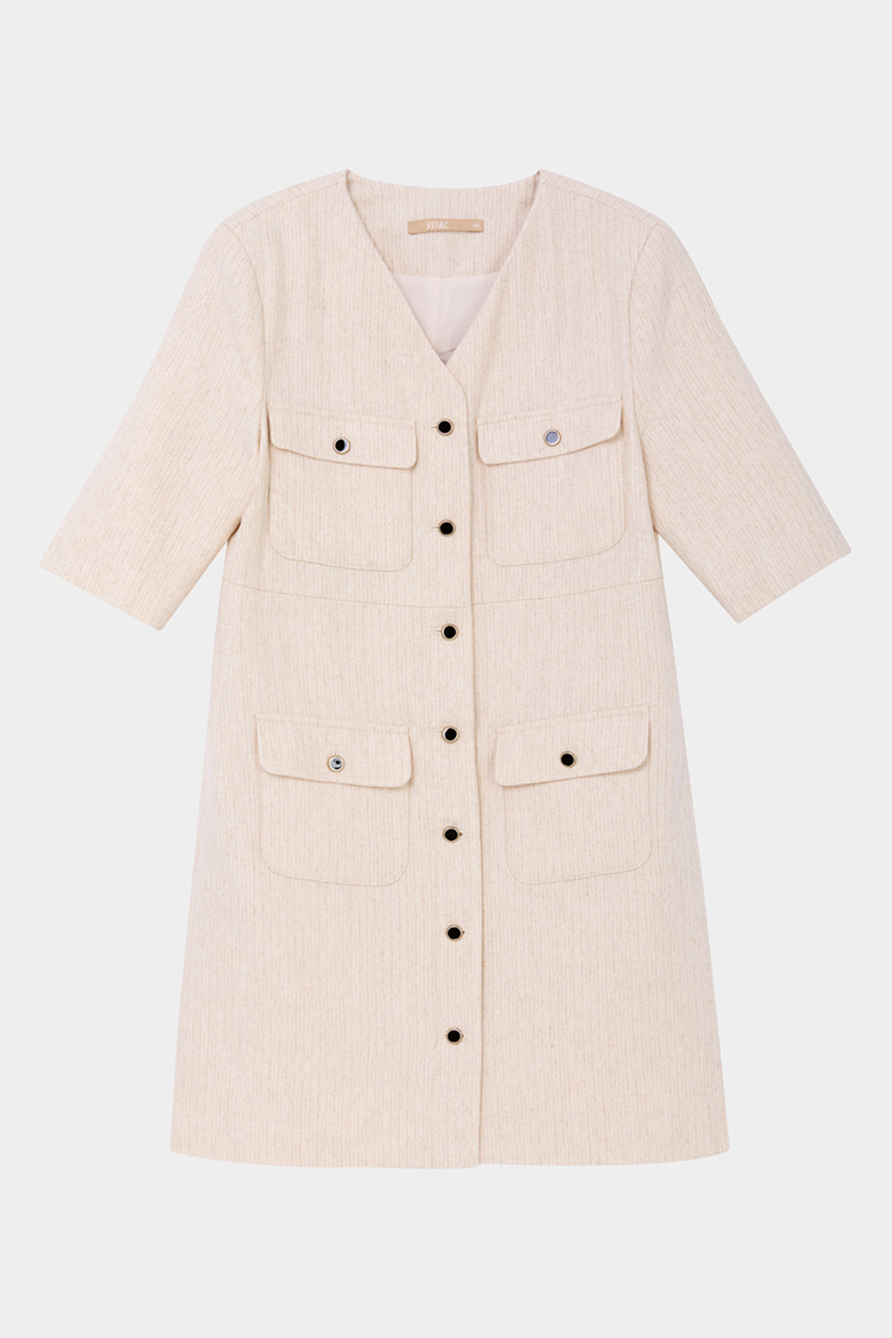 SST&C Beige V-Neck Thin Woolen Dress | 01222410002_7