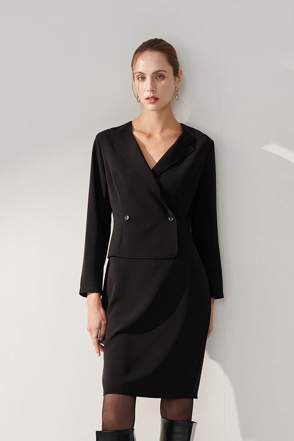 SST&C Black Lapel Buttoned Dress | 01222410003_0