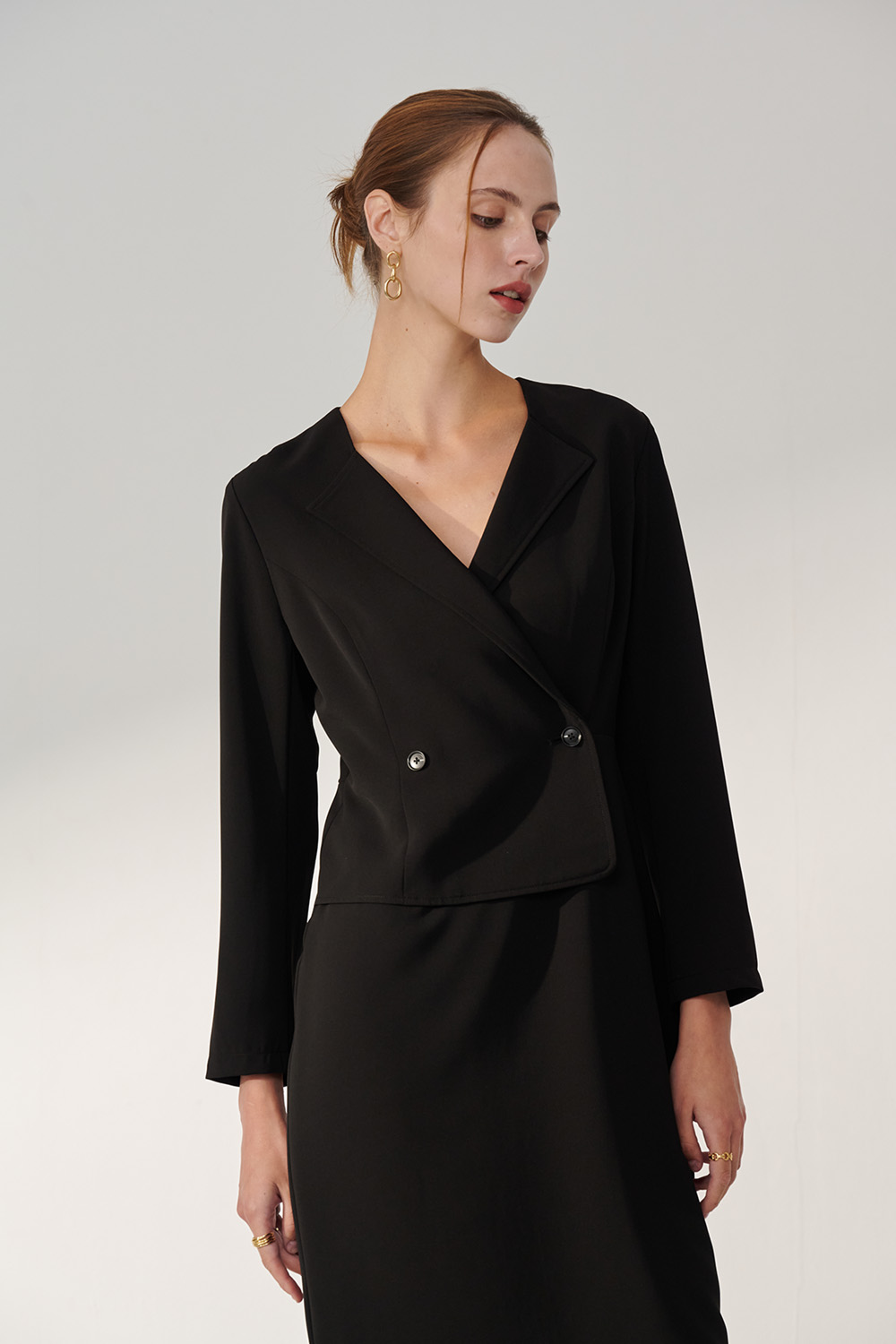SST&C Black Lapel Buttoned Dress | 01222410003_1