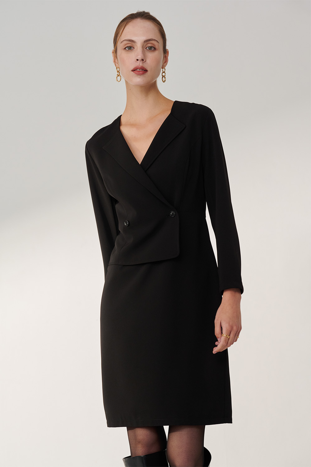 SST&C Black Lapel Buttoned Dress | 01222410003_2