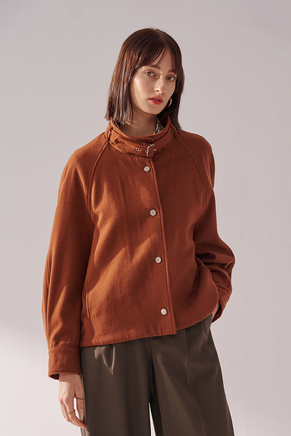 SST&C Caramel Color Stand Collar Woolen Jacket | 01122410004_0