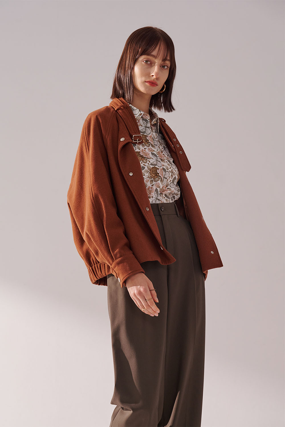 SST&C Caramel Color Stand Collar Woolen Jacket | 01122410004_1