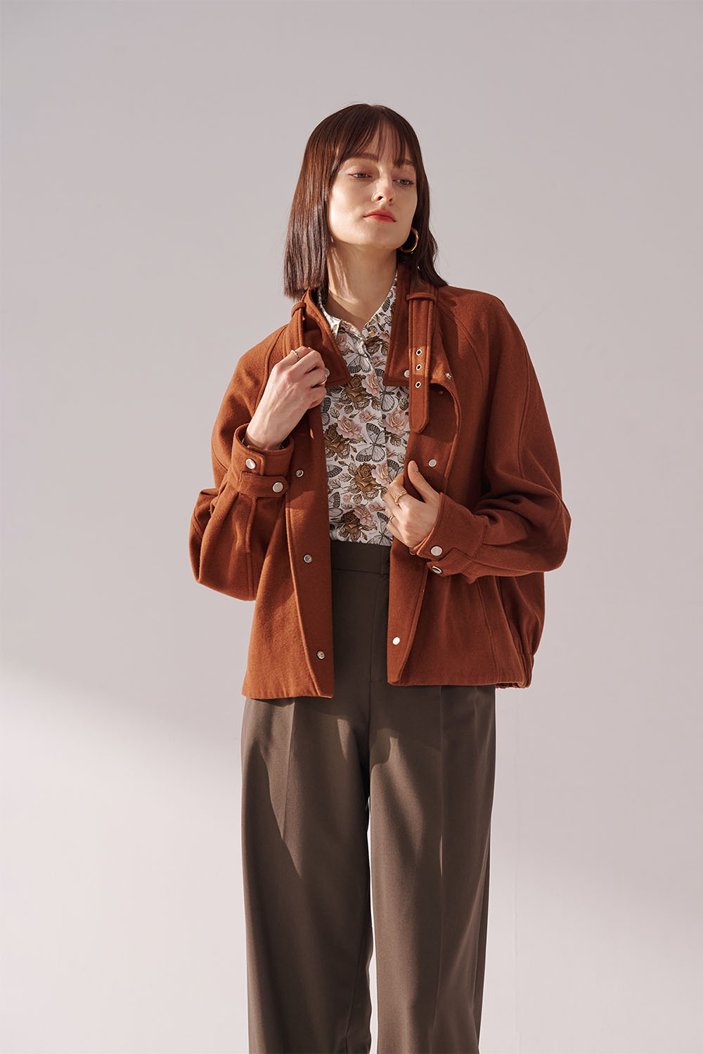 SST&C Caramel Color Stand Collar Woolen Jacket | 01122410004_2