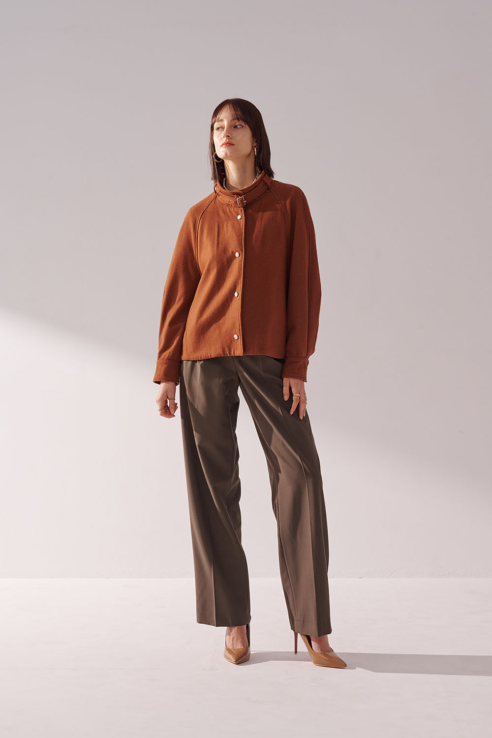SST&C Caramel Color Stand Collar Woolen Jacket | 01122410004_5