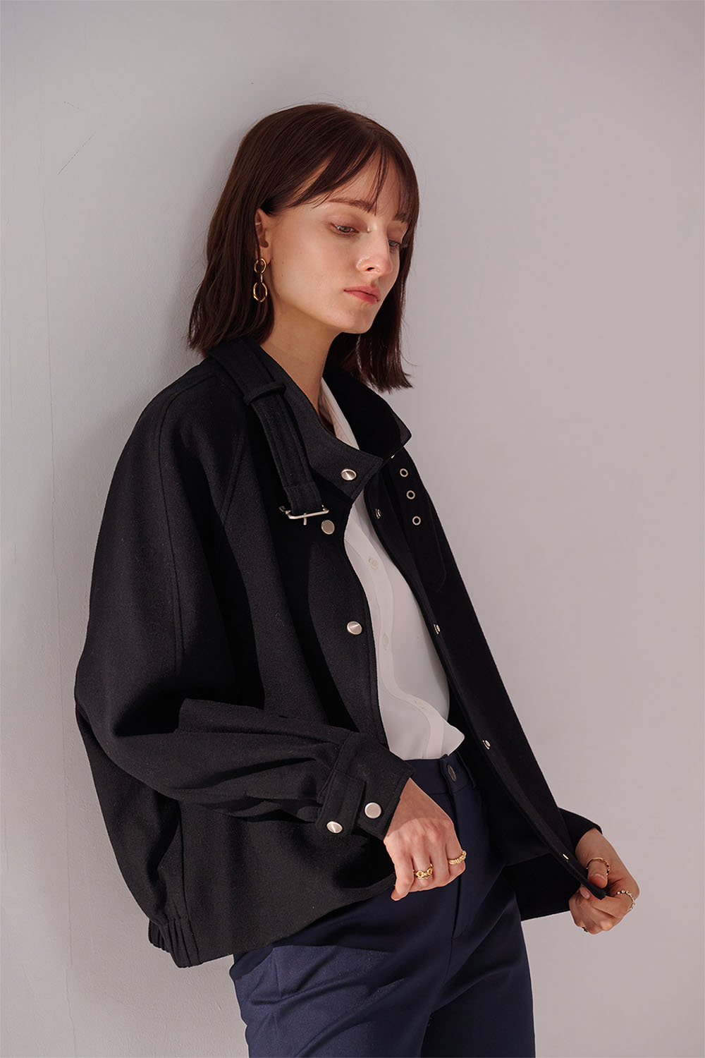 SST&C Black Stand Collar Woolen Jacket | 01122410005_0