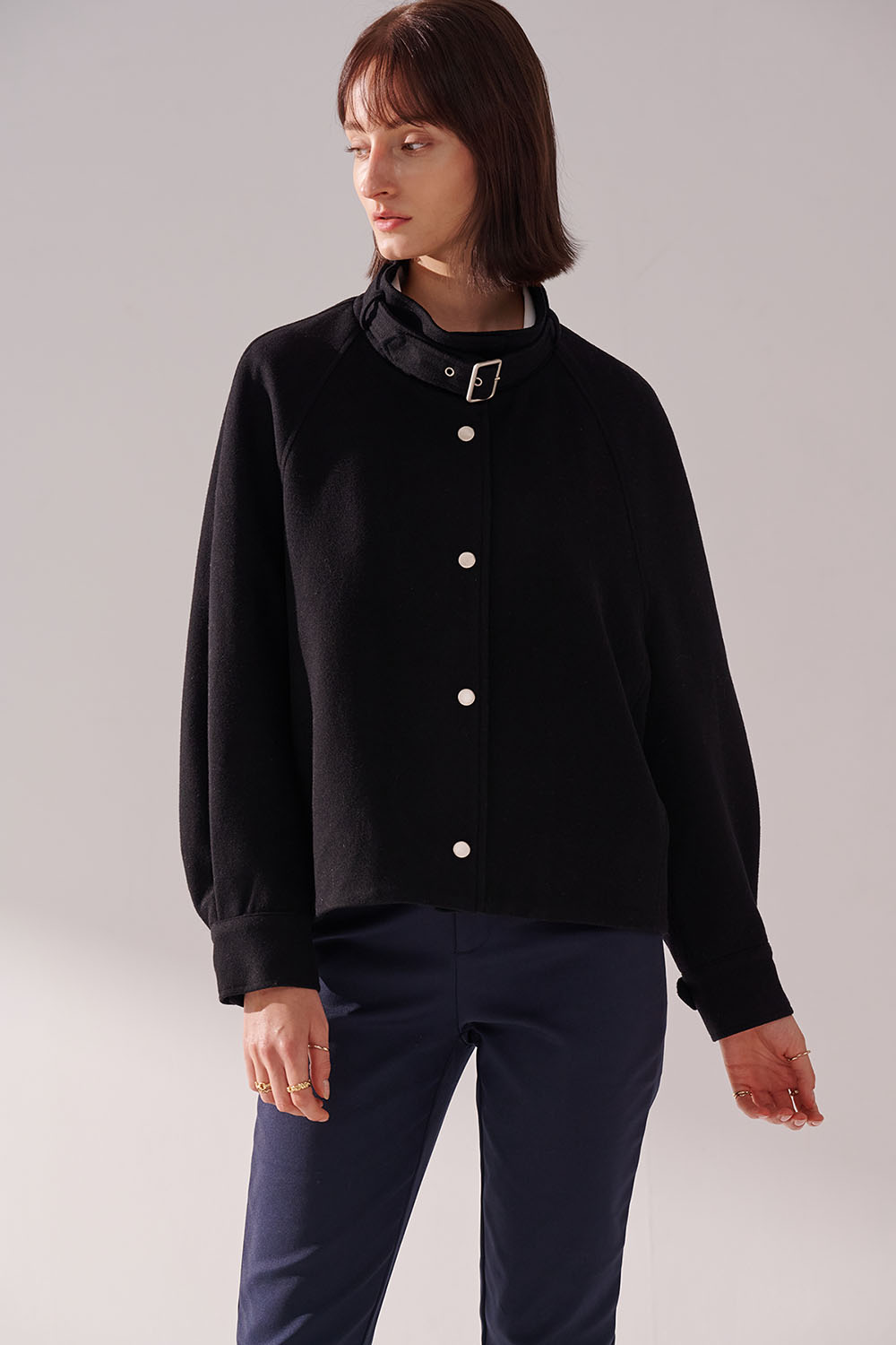 SST&C Black Stand Collar Woolen Jacket | 01122410005_2