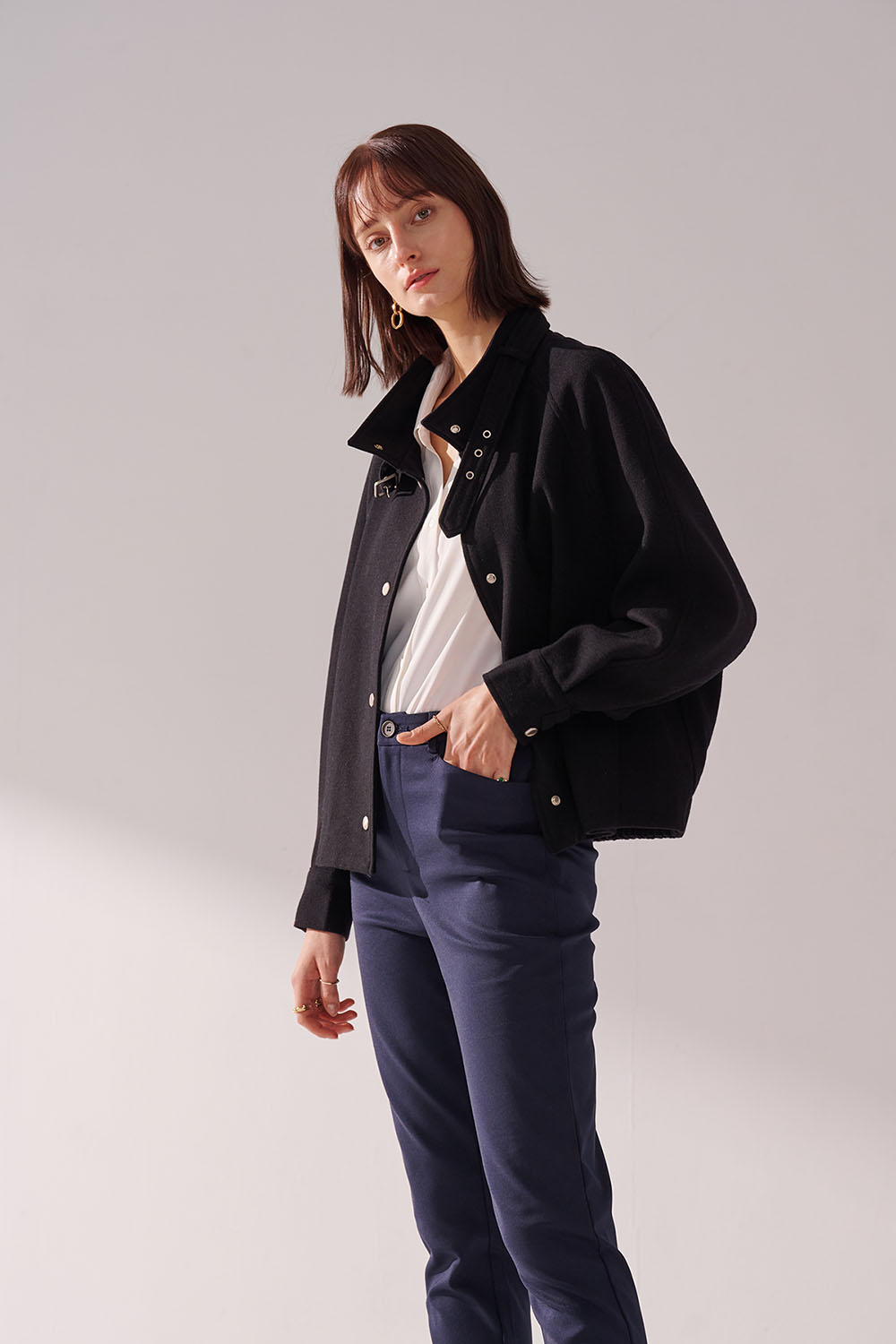 SST&C Black Stand Collar Woolen Jacket | 01122410005_3