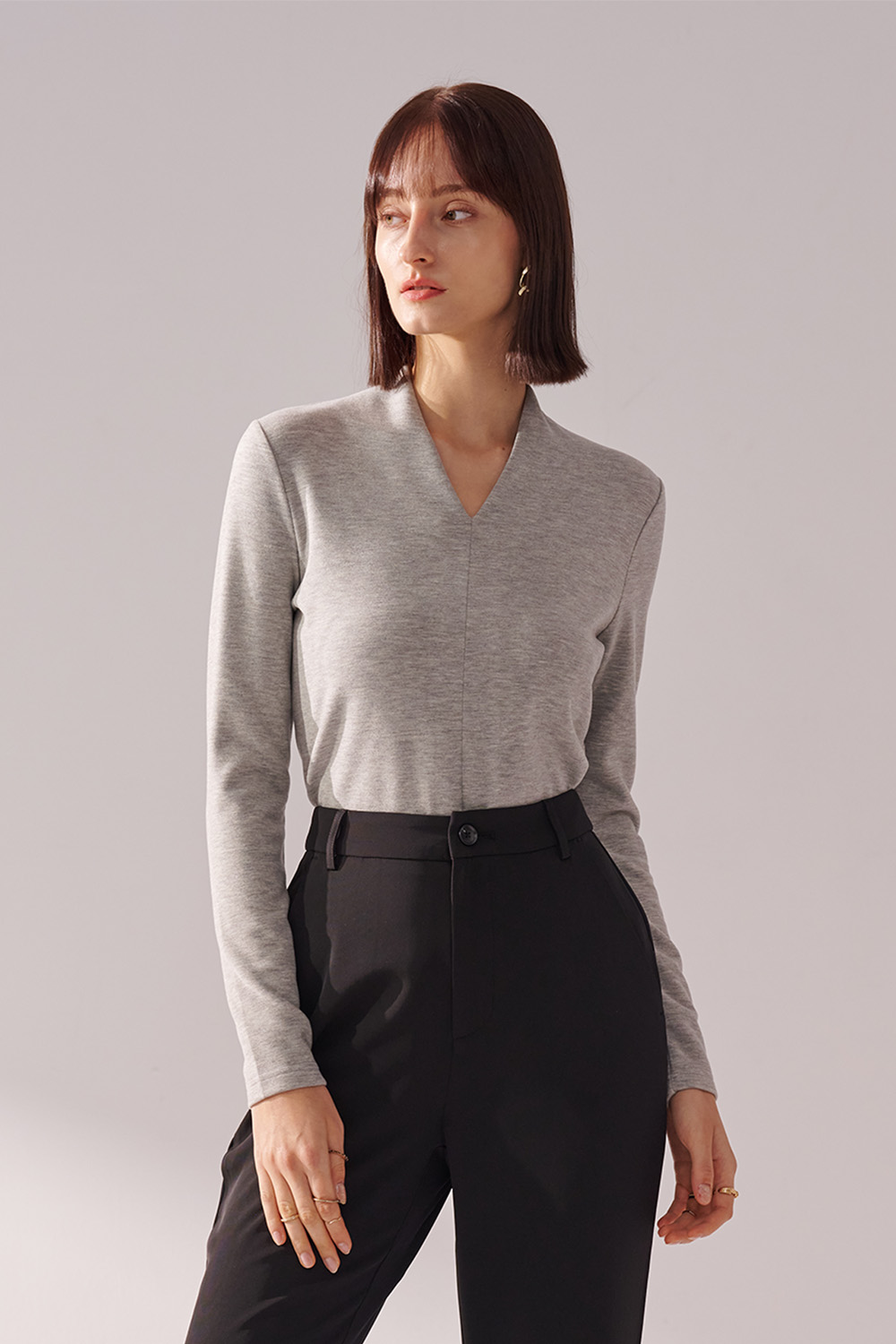SST&C Gray V-Neck Brushed Elastic T-Shirt | 01202410001_0