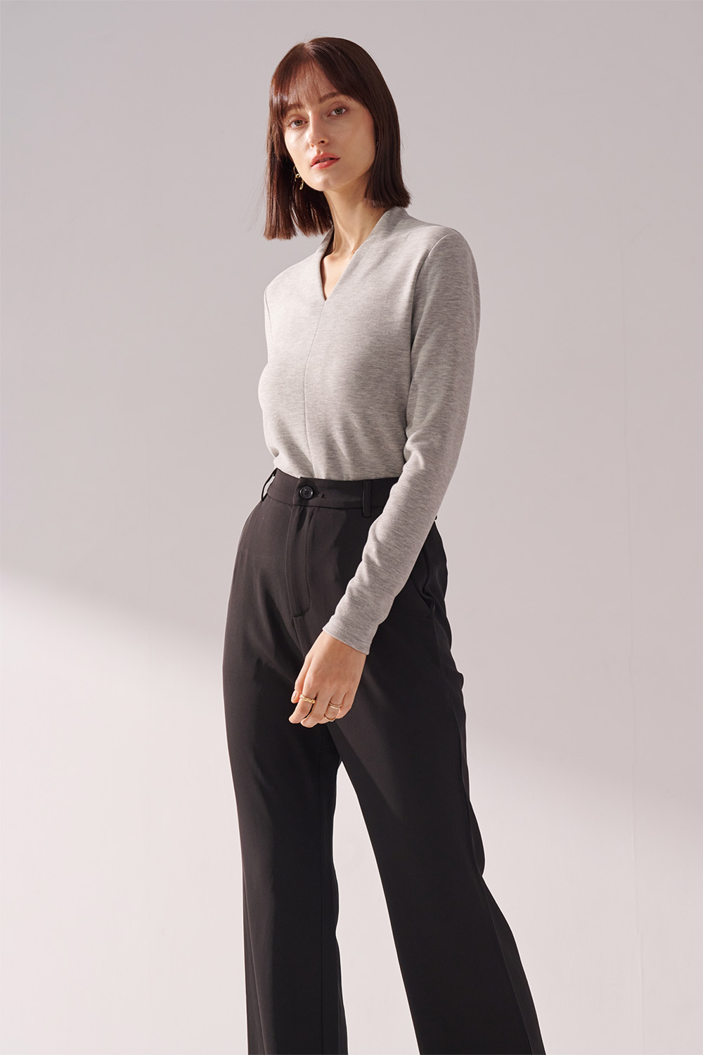 SST&C Gray V-Neck Brushed Elastic T-Shirt | 01202410001_1
