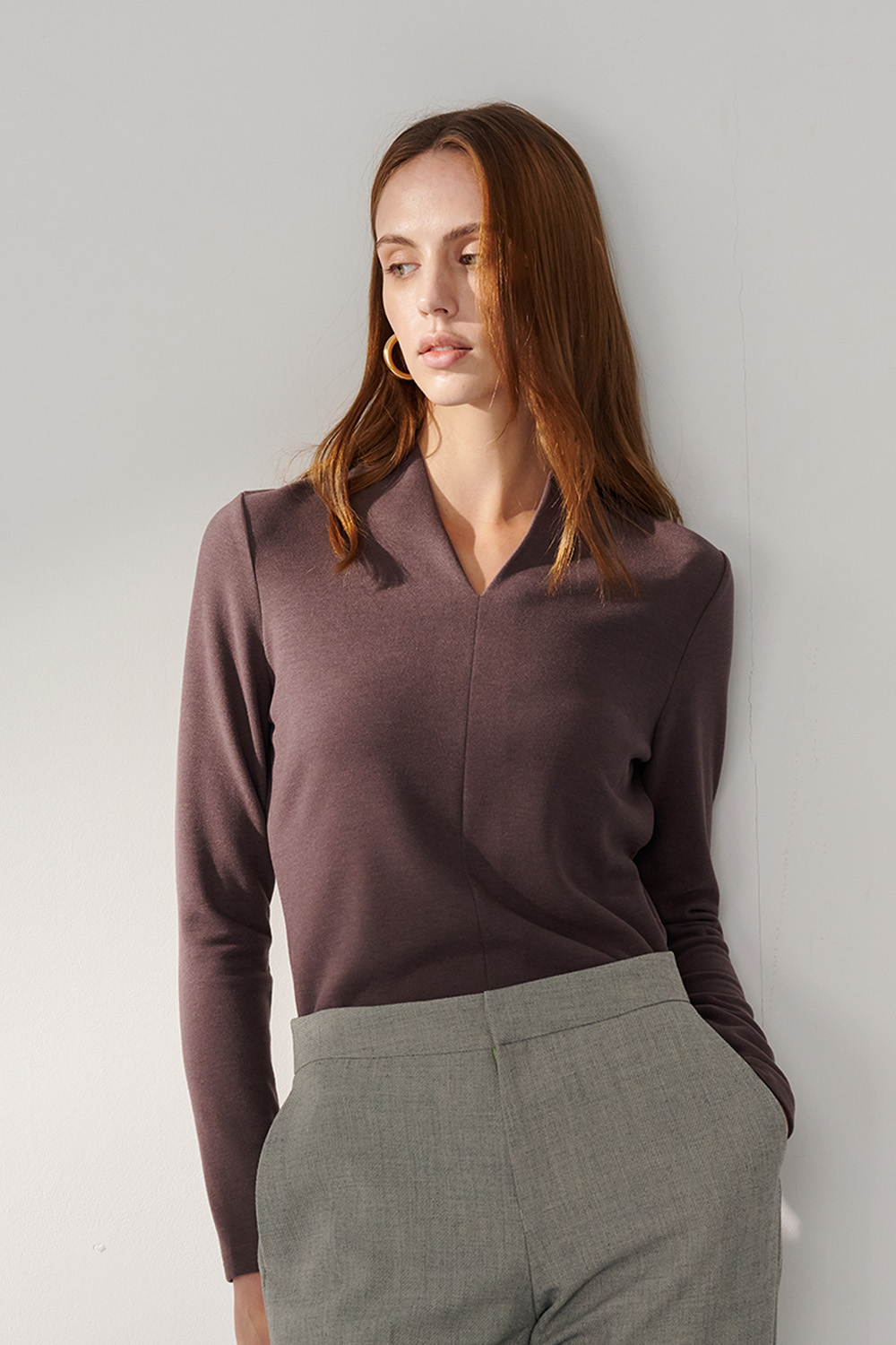 SST&C Brown Purple V-Neck Brushed Elastic T-Shirt | 01202410002_0