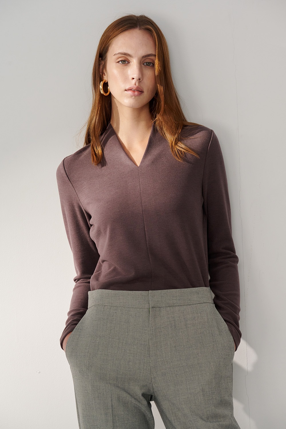 SST&C Brown Purple V-Neck Brushed Elastic T-Shirt | 01202410002_1