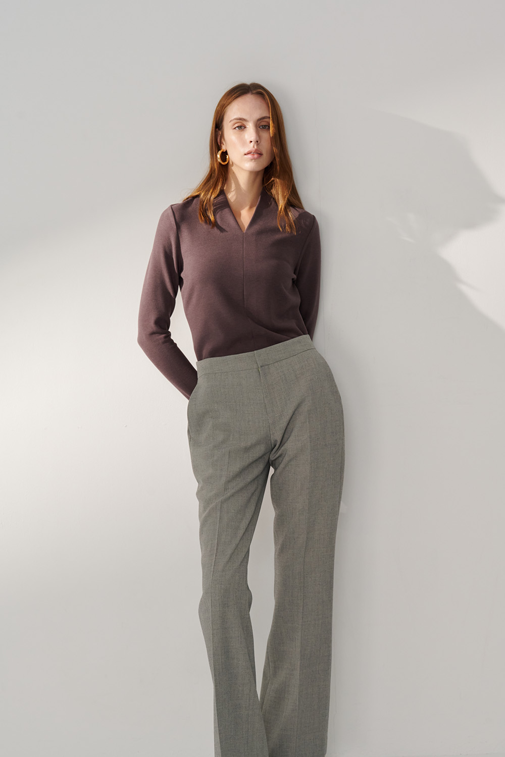 SST&C Brown Purple V-Neck Brushed Elastic T-Shirt | 01202410002_3