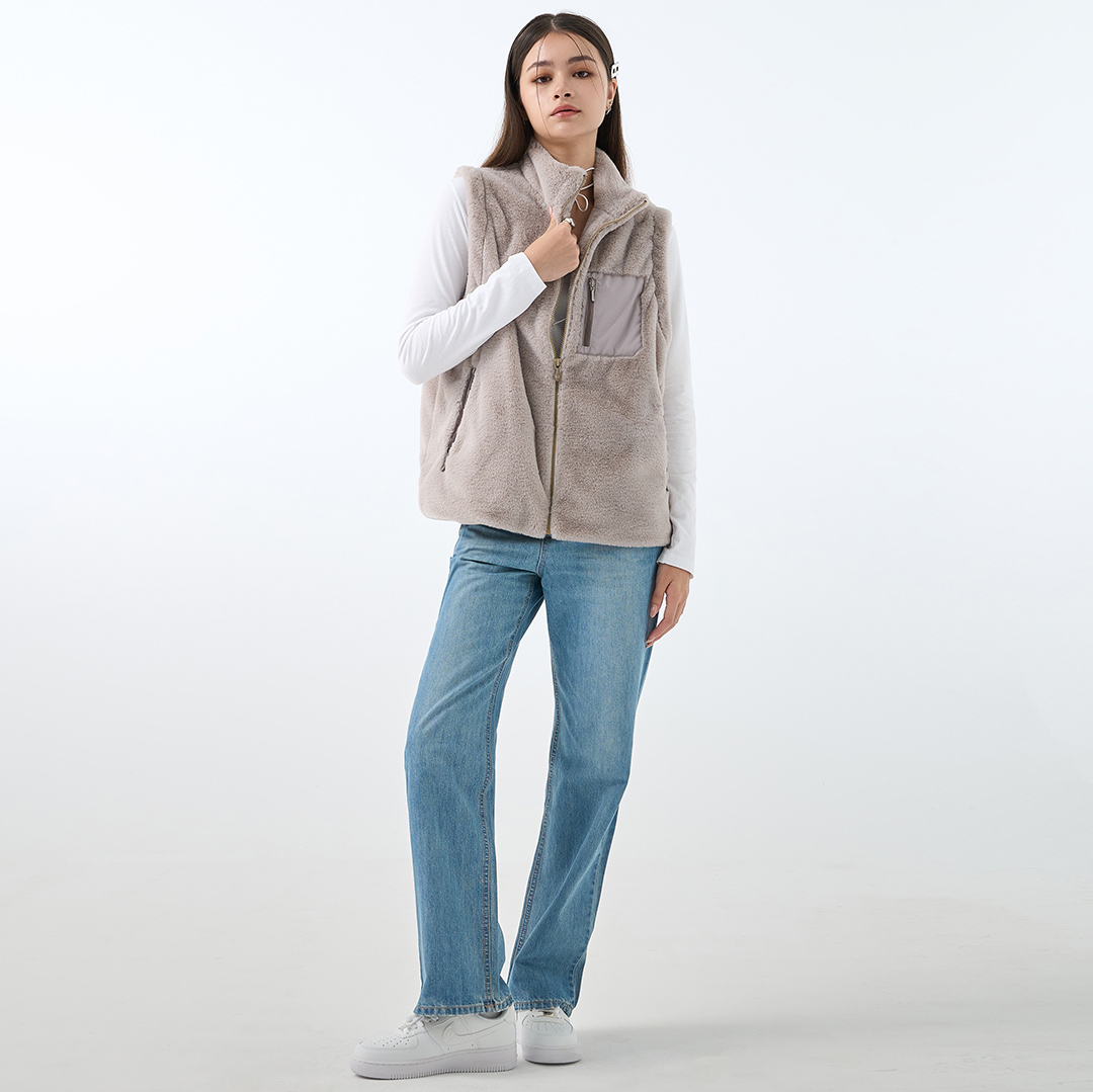 熊QQ🧸前口袋時尚超軟毛毛背心(灰褐)-女_2