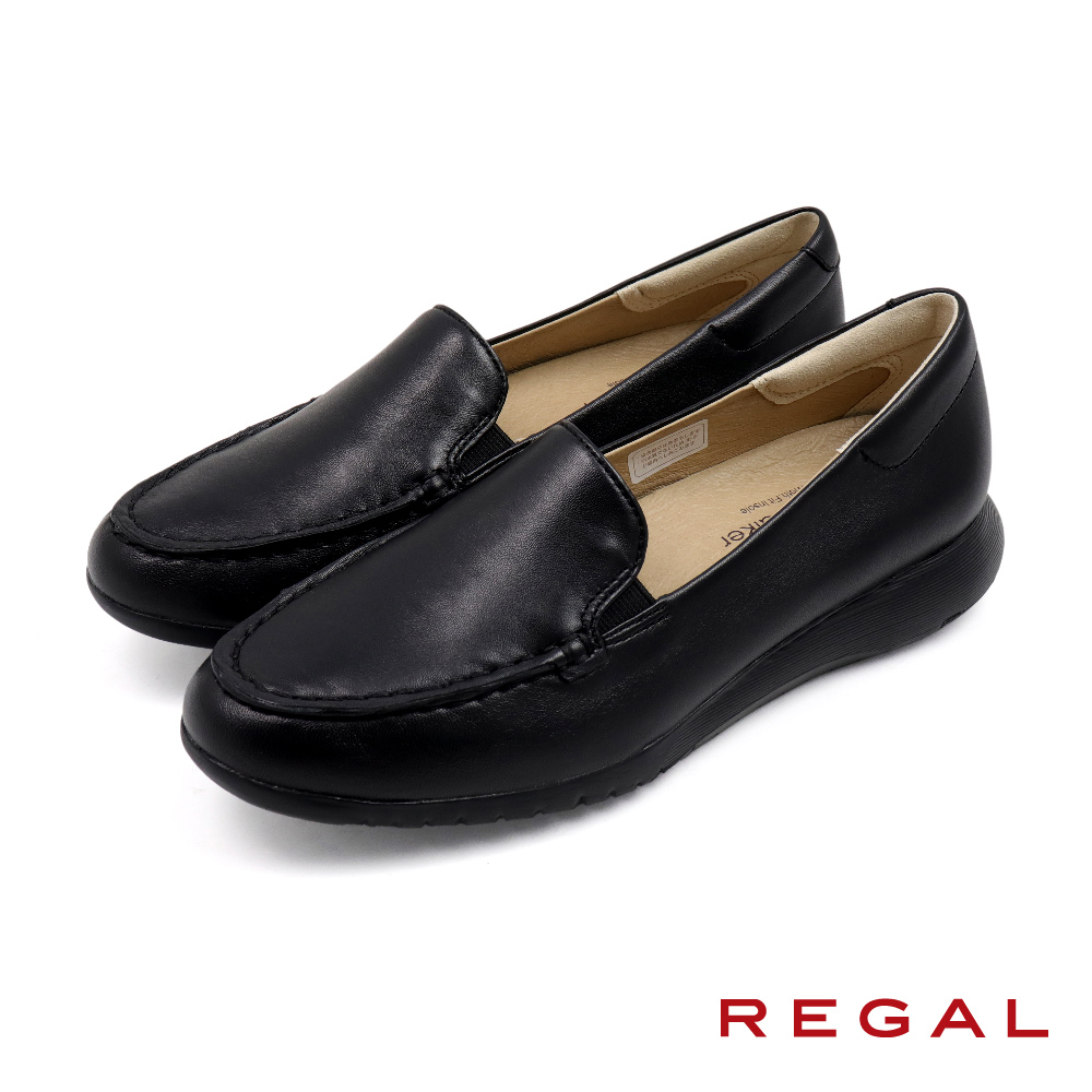 【REGAL】日本原廠可調式軟墊抗震皮質懶人休閒鞋 黑色(HC63-BL)