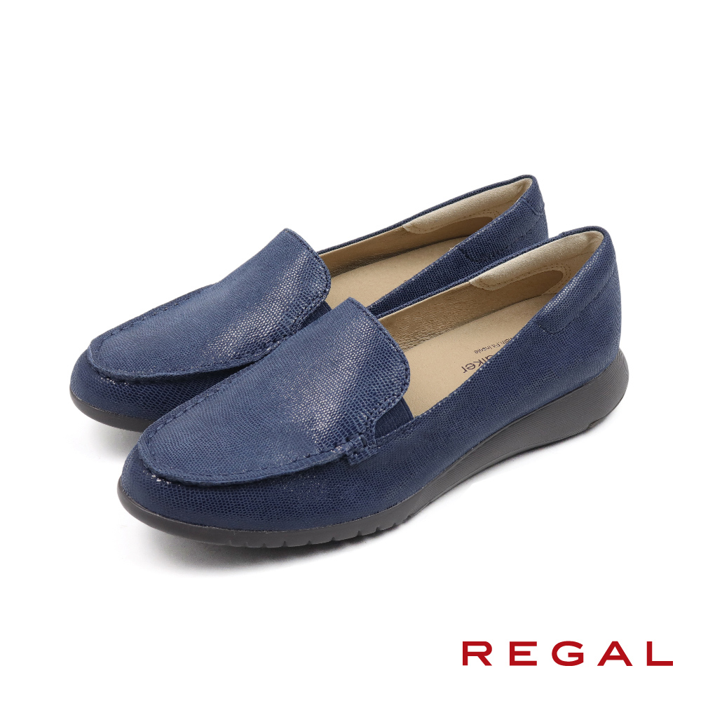 【REGAL】日本原廠可調式軟墊蛇紋皮質懶人休閒鞋 藍色(HC63-NV)